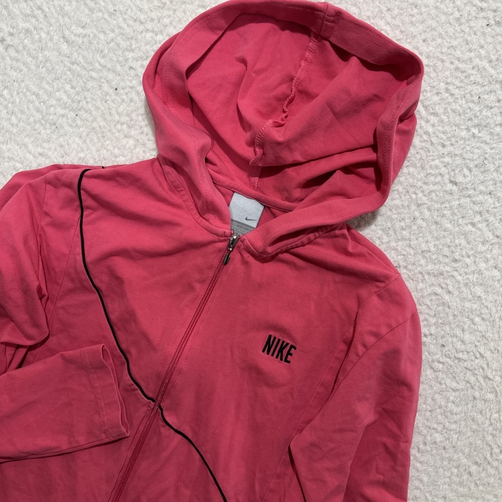 Nike Hoodie VTG Y2K Junior‎ Size Large Pink Black Piping Nike Spell Out Stretch